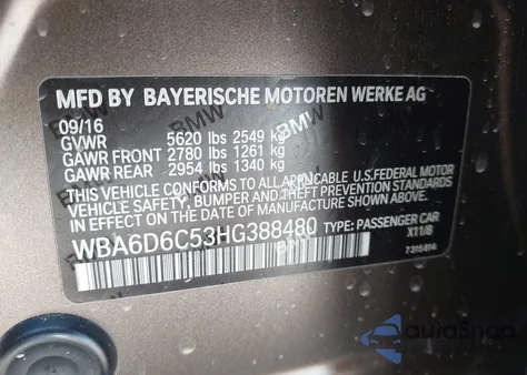 2017 BMW 650I Gran Coupe xDrive z USA, uszkodzony, nr VIN WBA6D6C53HG388480